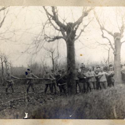 foto di un'esercitazione in un campo dove dei pompieri con dei volontari tirano una fune. sullo sfondo i campi e in lontananza un tetto di un edificio 